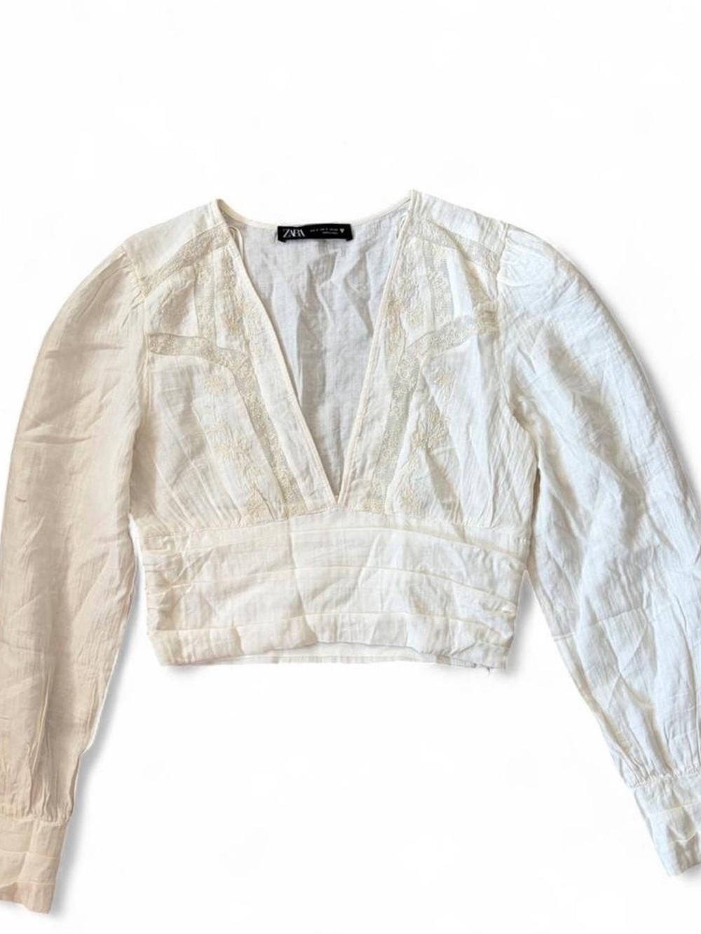 Zara Cream V-Neck Cropped Blouse with Lace Embroidered Trim
